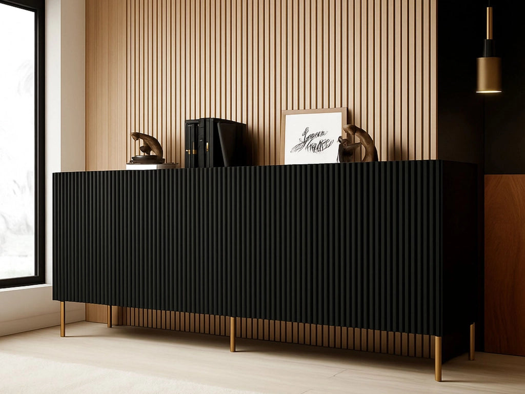 Credenza Londa, Madia da salotto con quattro ante battenti, Rialzato da terra, 200x42 h82 cm, Nero