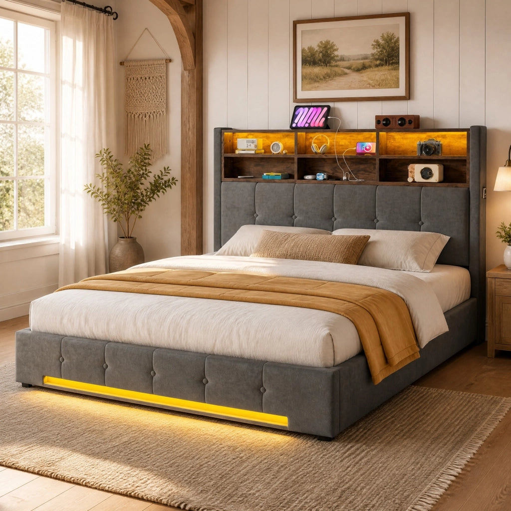 Letto matrimoniale 160x200 cm in velluto grigio scuro con testiera multifunzione, LED, USB-C e contenitore idraulico