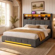Letto matrimoniale 160x200 cm in velluto grigio scuro con testiera multifunzione, LED, USB-C e contenitore idraulico