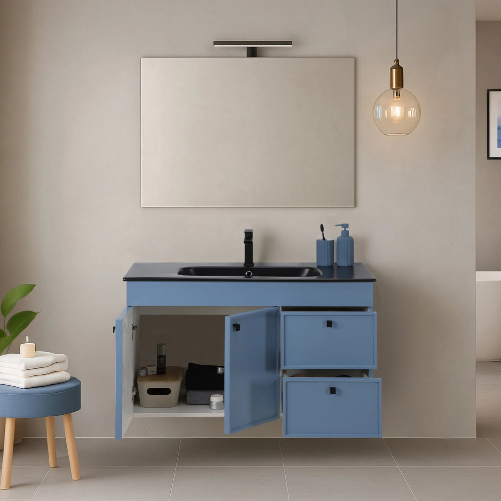 Mobile bagno sospeso 100cm azzurro opaco con specchio e lavabo Craft