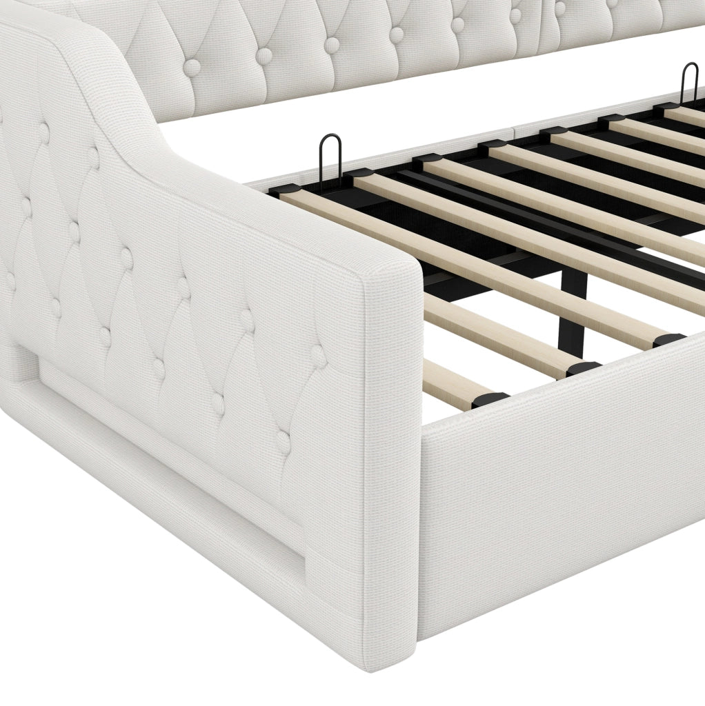 Divano letto 90x200 cm con contenitore e LED in lino beige