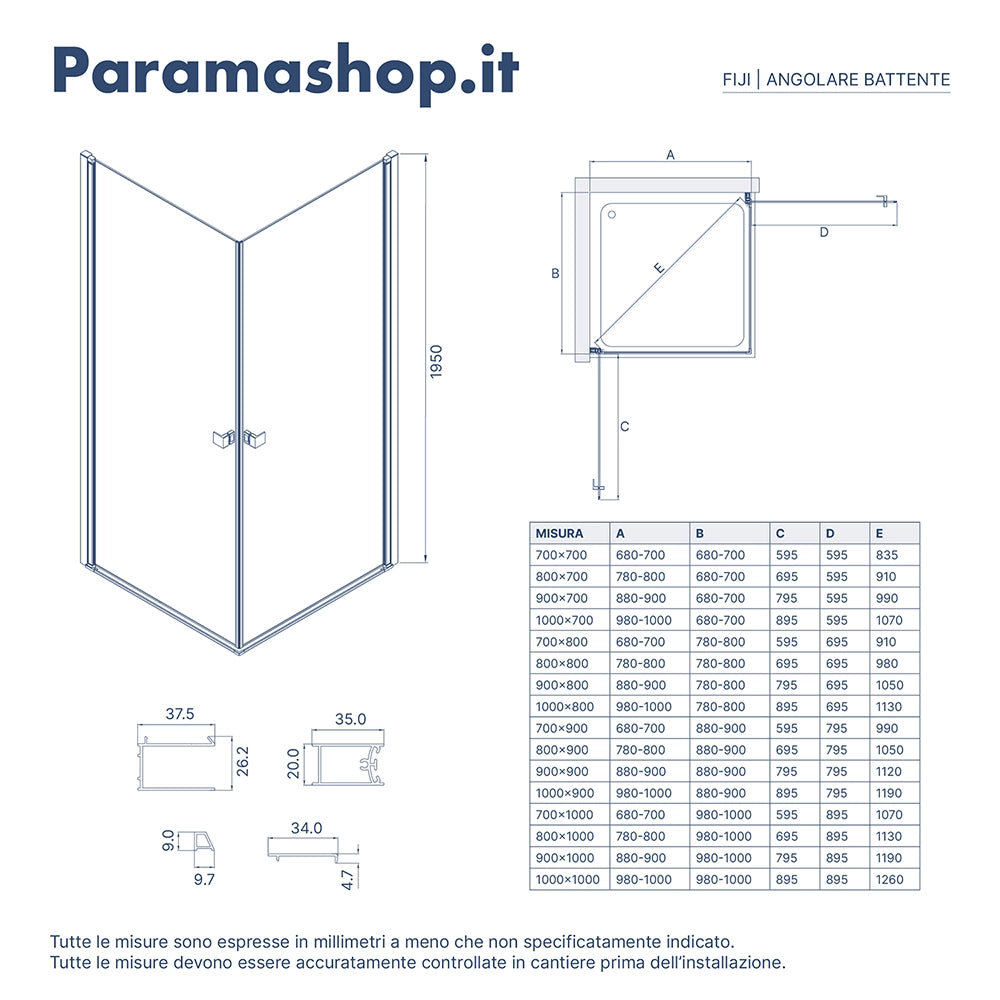 Box doccia angolare 70x80cm doppio battente profili nero opaco e vetro da 8mm trasparente h195 | Fiji