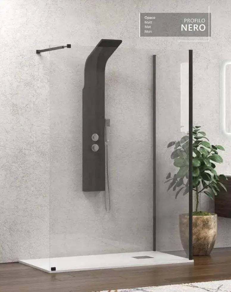 Box Doccia Walk in Profili Neri H200cm 8mm Anticalcare - 80x140