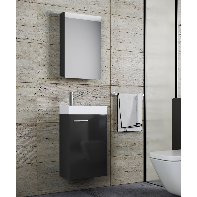 LineaViva Mobile Sospeso con lavabo in ceramica di alta qualità e mobile specchio, Nero , lavabo Bianco