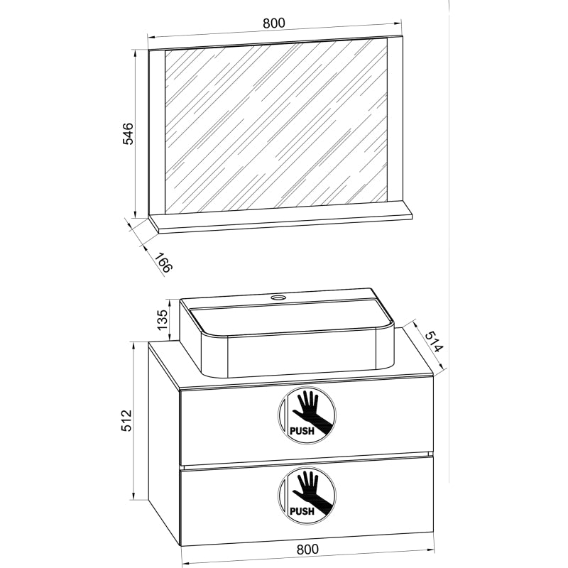 Luce Mobile Sospeso con 2 cassetti Extra Large con lavabo in ceramica di alta qualità e specchio, Antracite , lavabo Nero