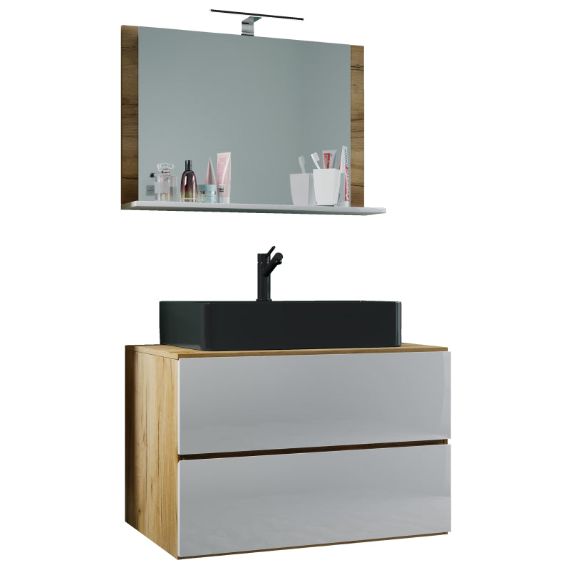 Luce Mobile Sospeso con 2 cassetti XL con lavabo nero in ceramica di alta qualità e specchio, Rovere/Bianco