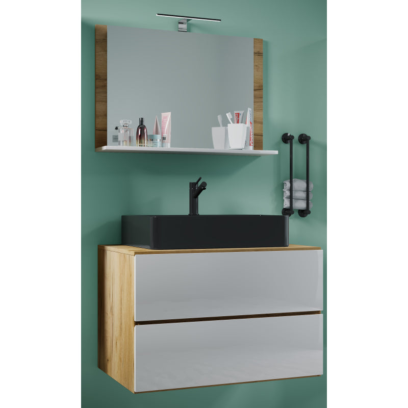 Luce Mobile Sospeso con 2 cassetti XL con lavabo nero in ceramica di alta qualità e specchio, Rovere/Bianco
