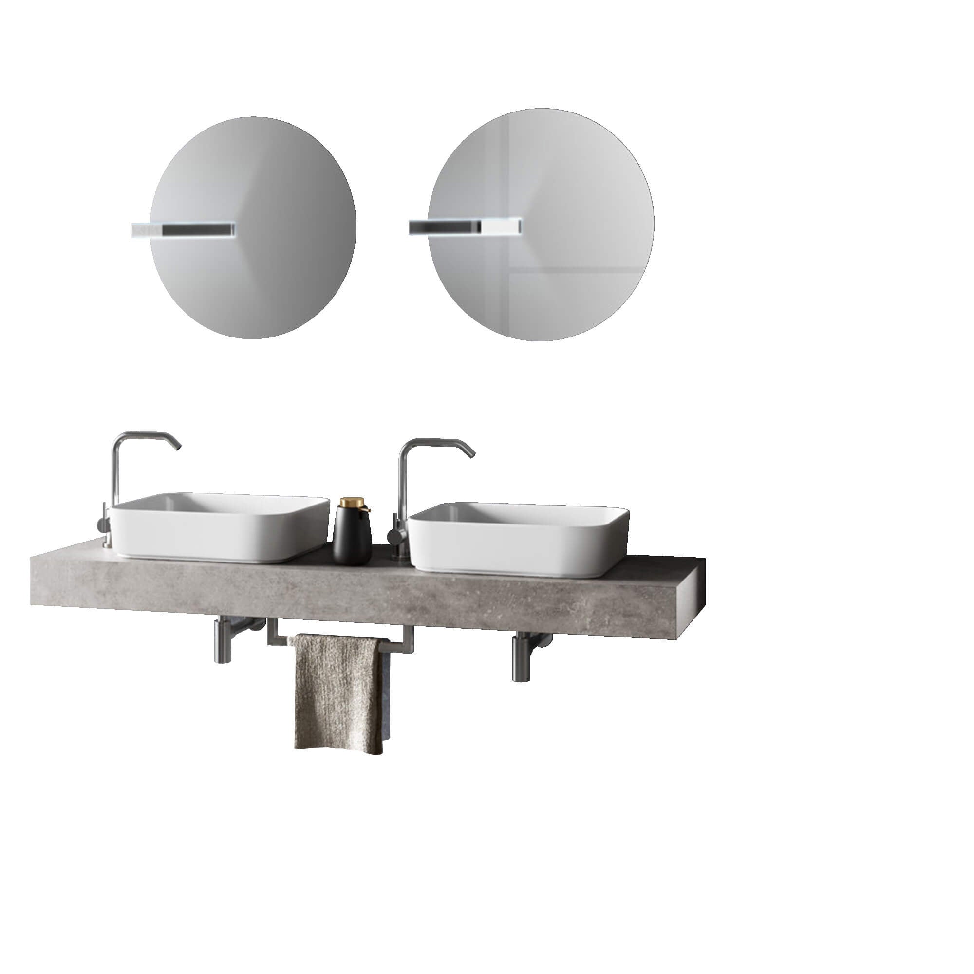 Mobile Bagno Sospeso 165cm Con Due Lavabi Due Specchi Doppia Lampada e Porta Asciugamano - Cemento
