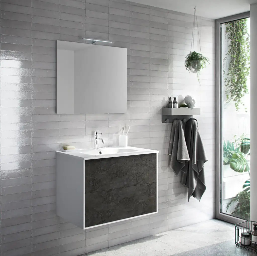 Mobile Bagno 60cm Sospeso Due Cassetti e Specchio - Ossido