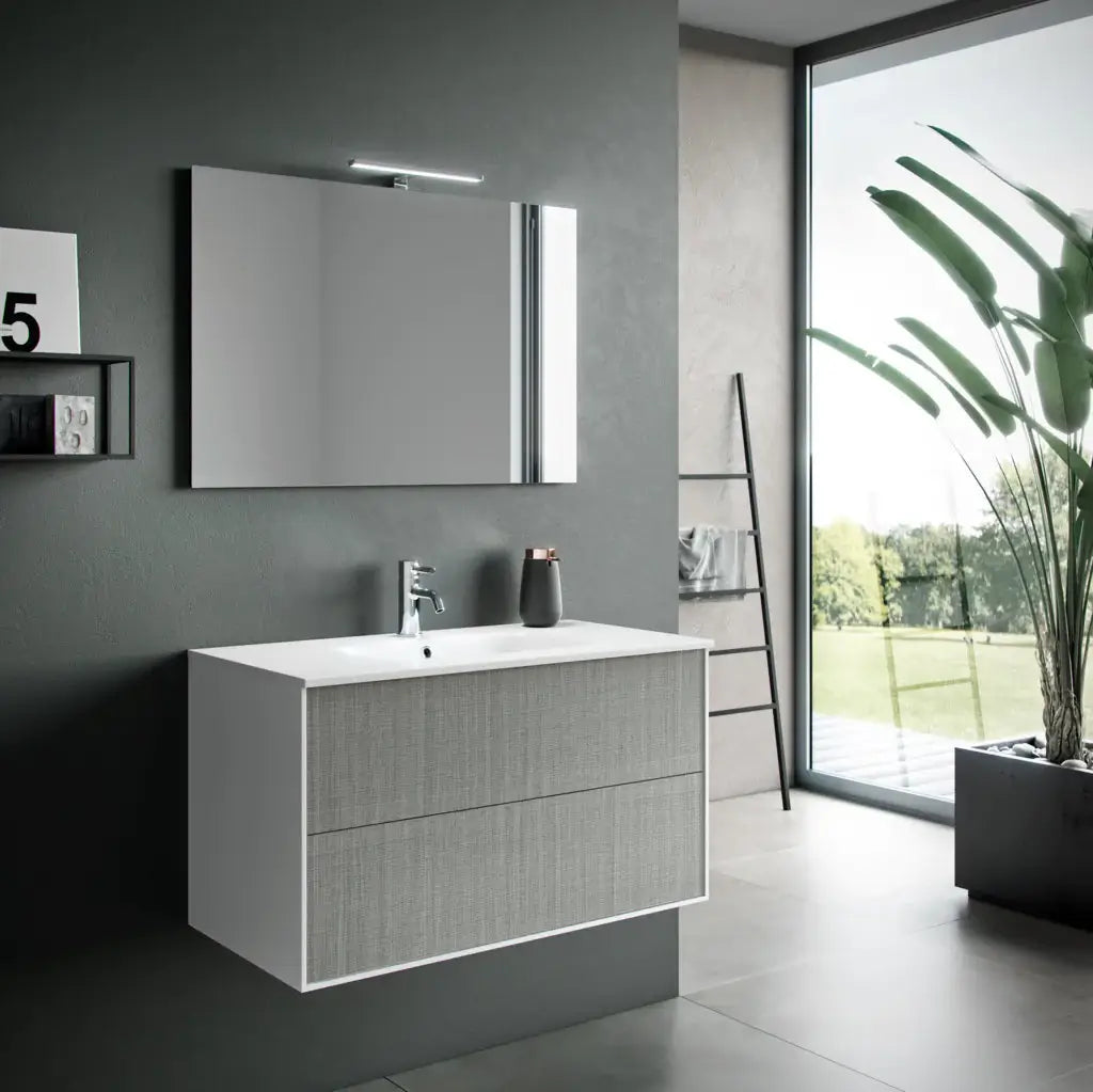 Composizione Mobile Bagno 90cm Sospeso Due Cassetti e Specchio Con Lampada - Grigio Londra