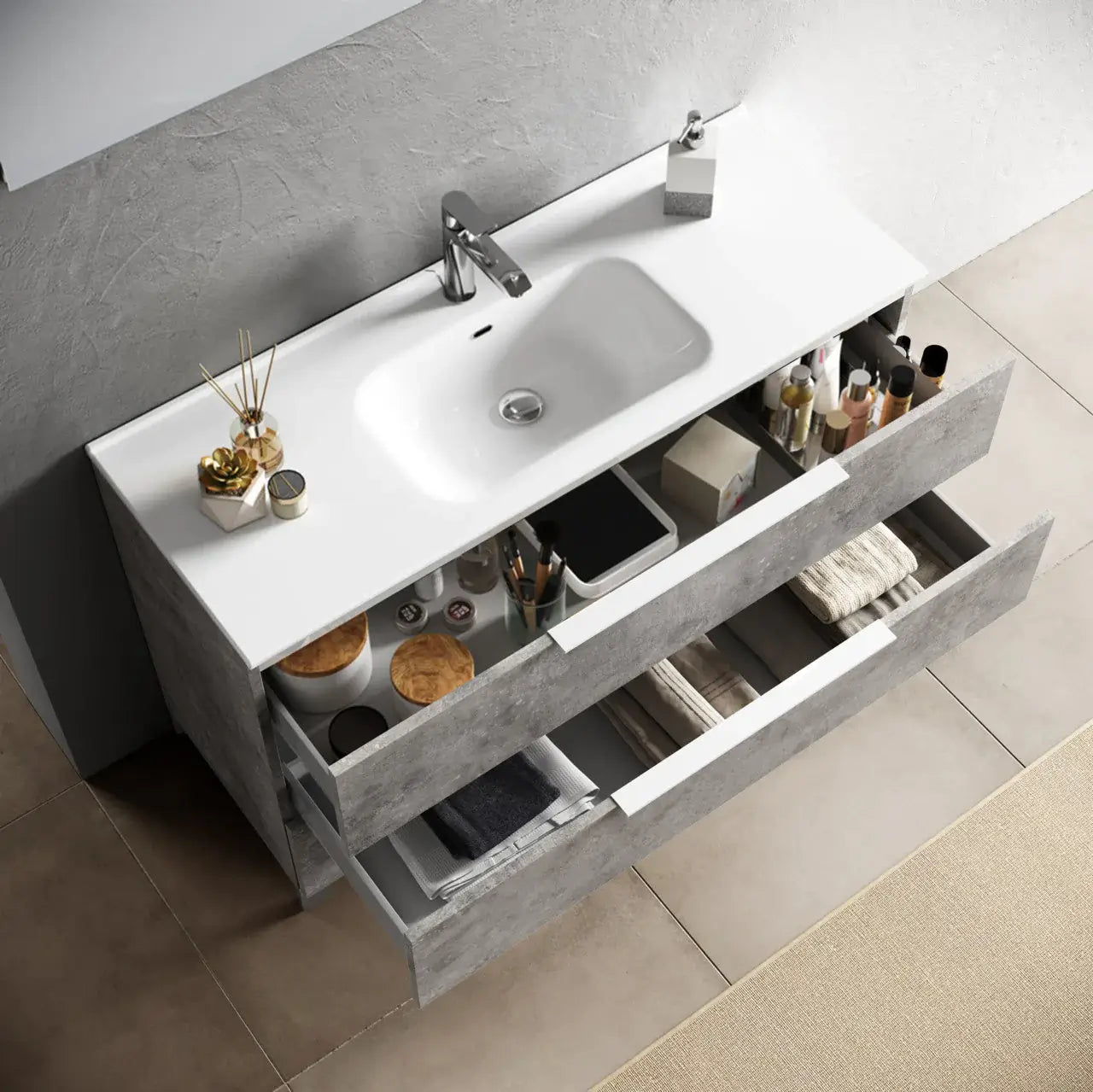 Mobile Bagno 60cm a Terra Con Tre Cassetti e Specchio - Cemento