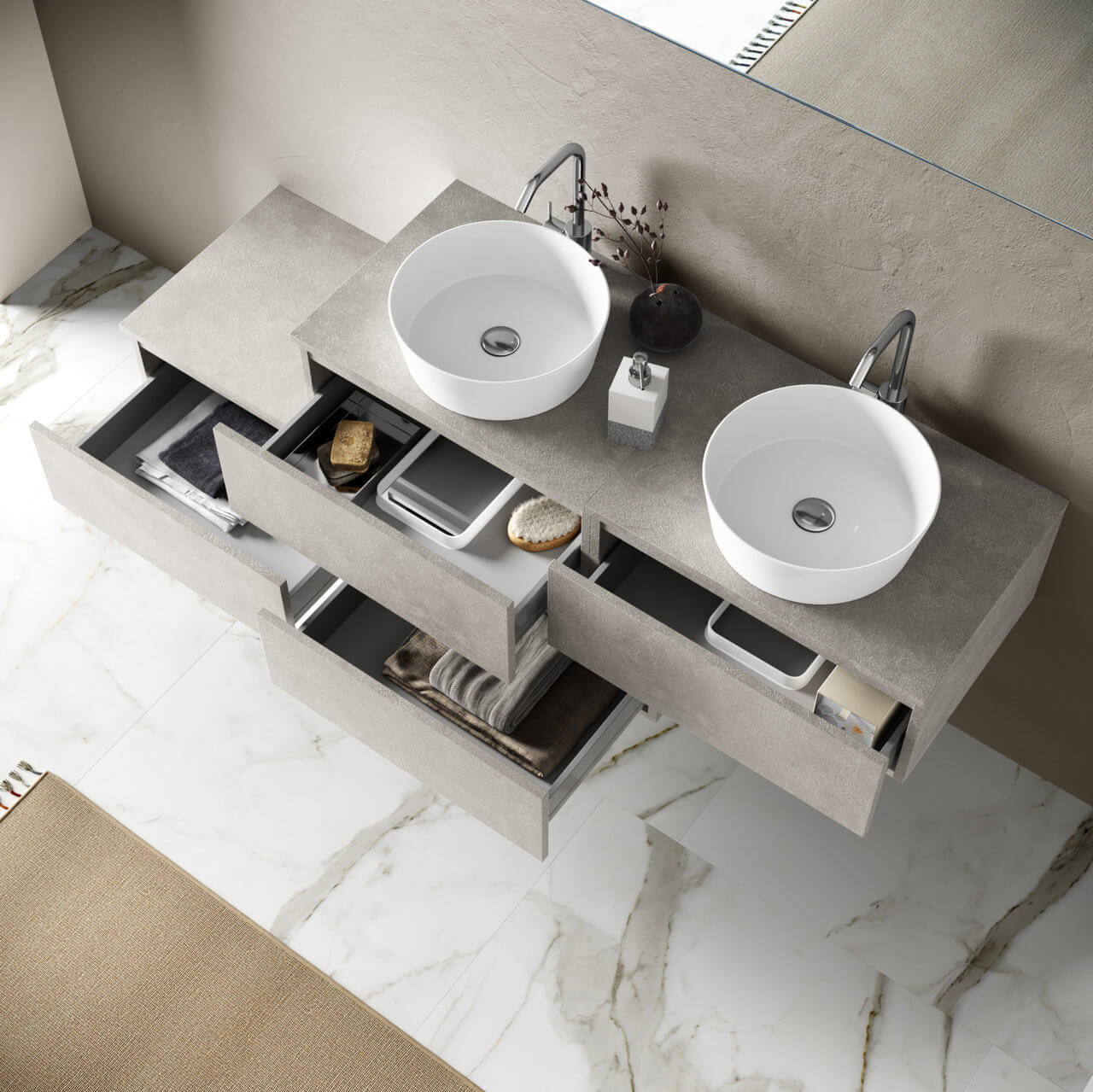 Mobile Bagno 160cm Con Doppio Lavabo, 4 Basi Con Cassetti E Specchio Con Lampada - Avana Effetto Pietra