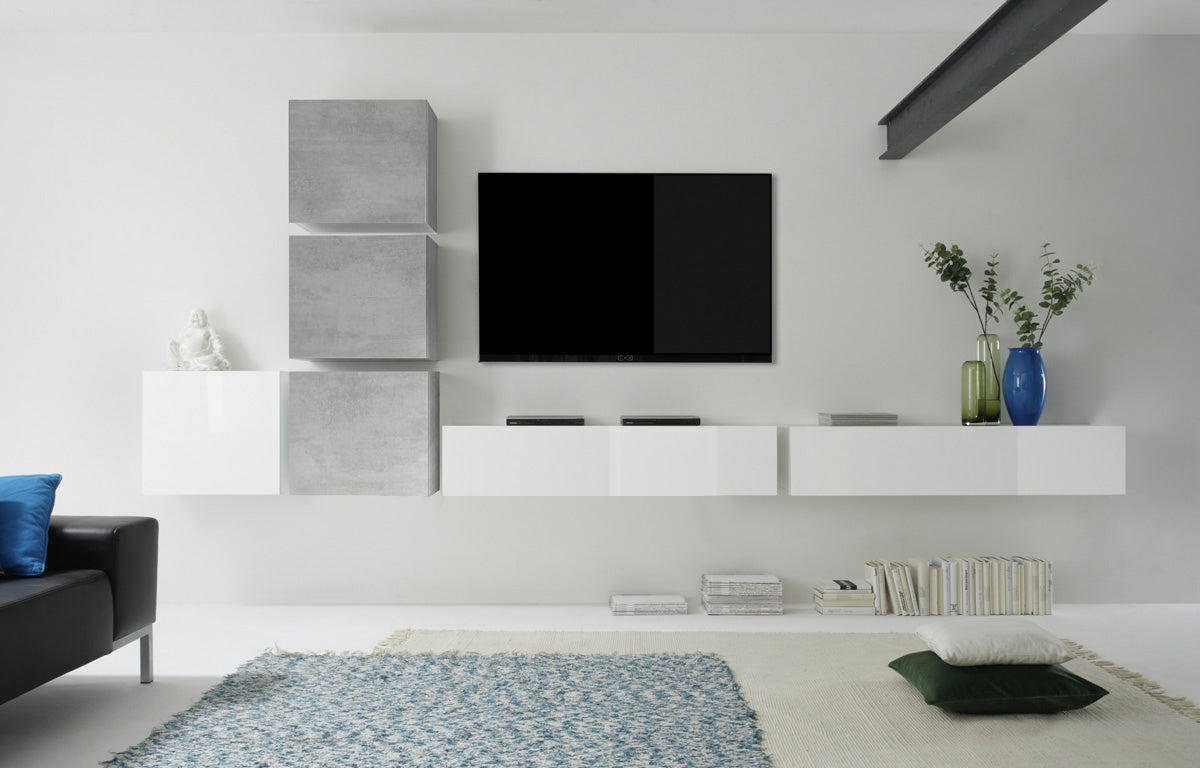 Parete attrezzata con  pensili e cubi Bianco Lucido e Beton, ZLCIFCOMPOBIBET