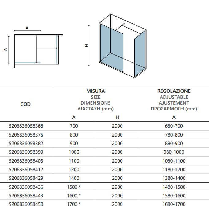 Doccia Walk in Due Pareti H200cm Trasparente 8mm Anticalcare - 70cm - 160cm
