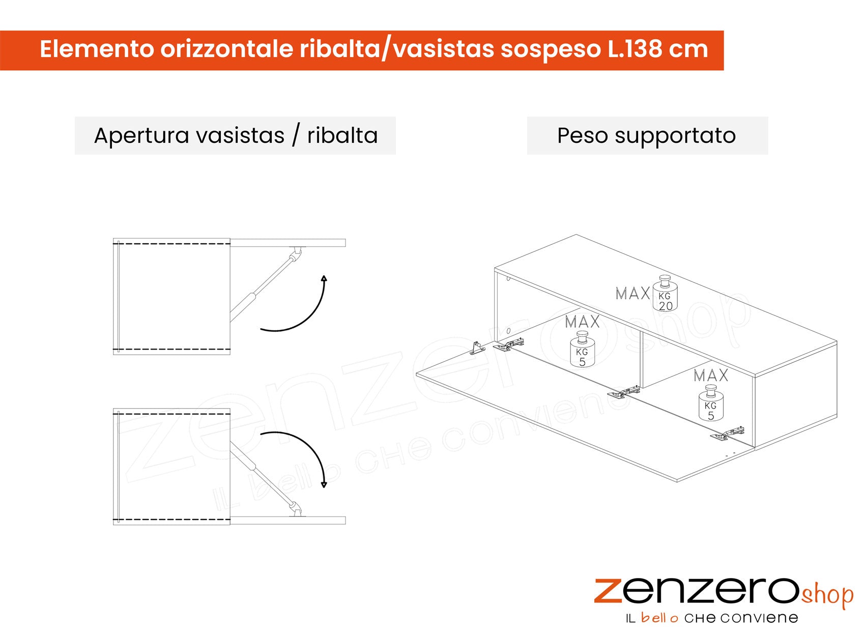 Elemento orizzontale ribalta/vasistas sospeso, finitura Gesso, ZLCINFNPENEW15