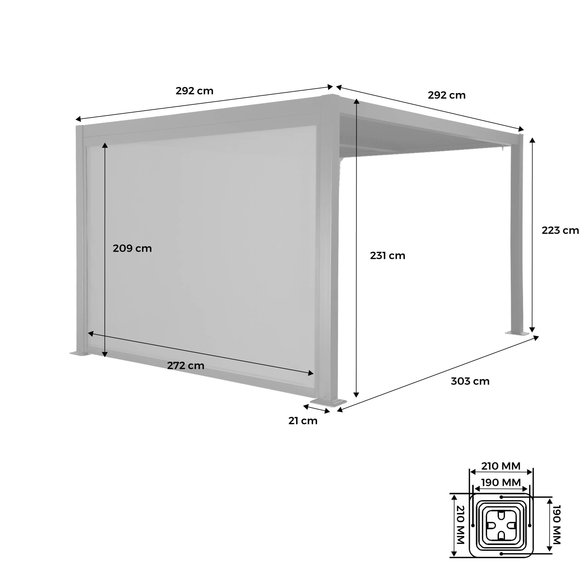 Pergola bioclimatica 3x3m in alluminio e acciaio + tenda 3m, antracite