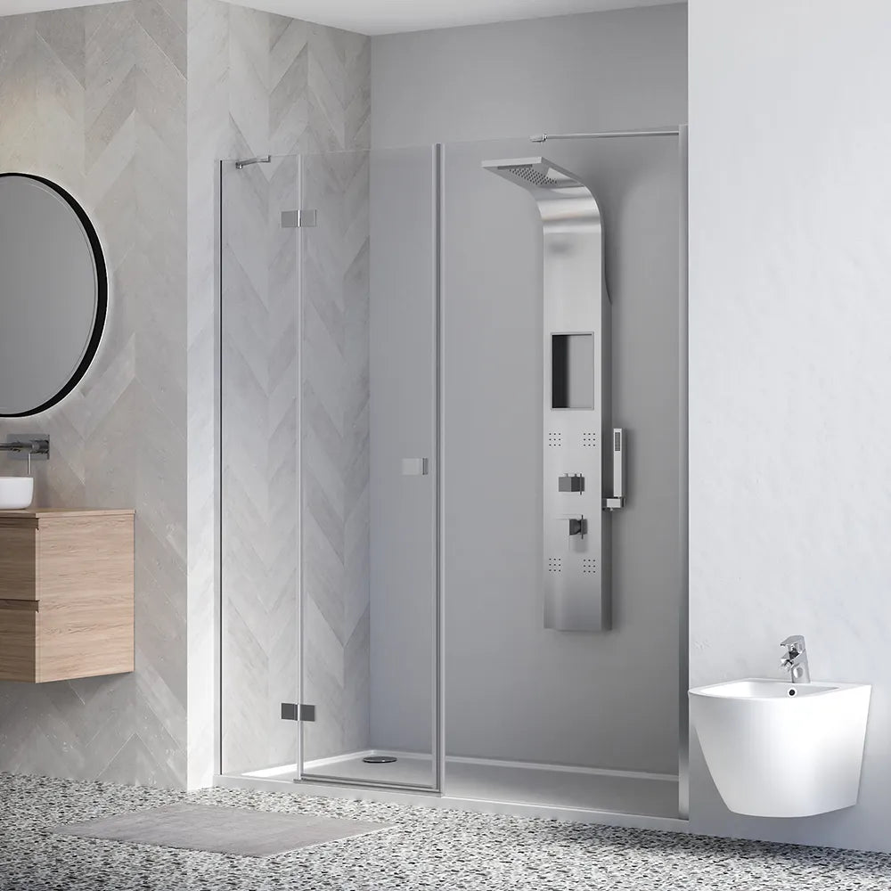 Porta doccia 170cm profili cromati apertura battente a sinistra con cerniere 90cm con parete fissa da 80cm vetro 8mm trasparente h195 | Fiji
