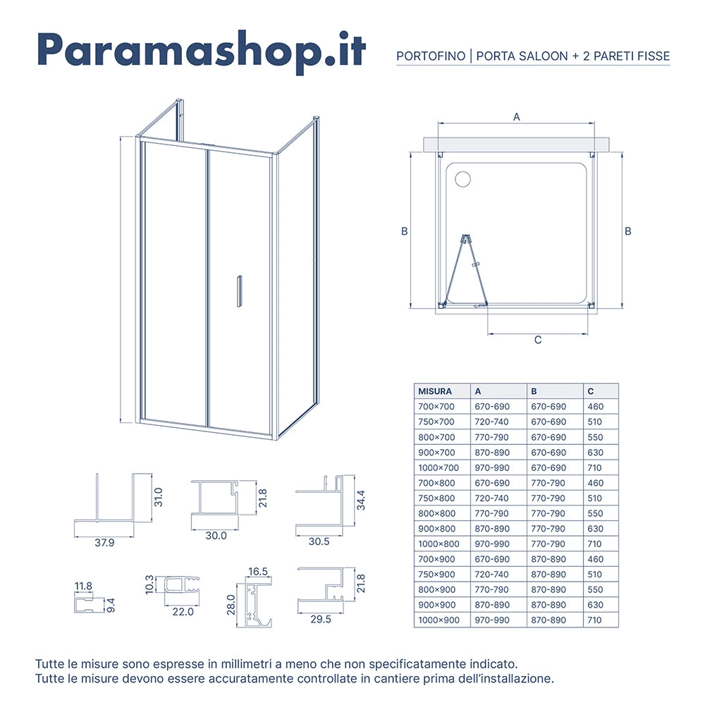 Box doccia tre lati 80x80x80cm con porta a libro profili nero opaco e vetro 6mm trasparente h190 | Portofino