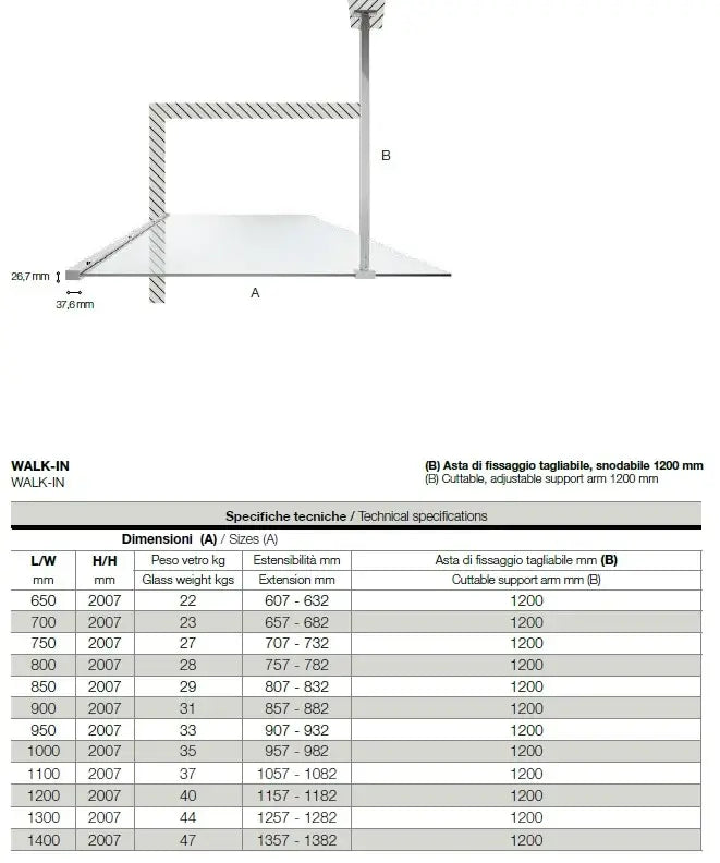 Parete Doccia Walk In H200 Anticalcare 6mm Trasparente - 70 cm